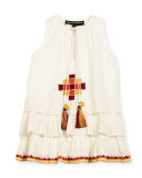 Sleeveless Embroidered Metallic-Stripe Dress, White, Size 4-6