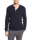 Cashmere Long-Sleeve Henley Sweater, Navy