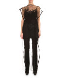Bateau-Neck Embroidered Long Tunic, Black