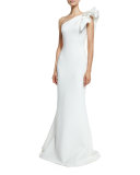 One-Shoulder Ruffle-Trim Mermaid Gown, Off White