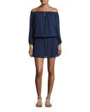 Kay Off-the-Shoulder Silk Blouson Dress, Blue