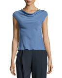 Charmeuse Cowl-Neck Cap-Sleeve Blouse, Medium Blue