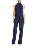 Sleeveless Halter Jumpsuit with Sash, Maritime