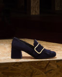 Suede Buckle Kiltie Loafer, Blue (Bleu)