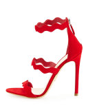 Suede Triple-Strap Wavy Sandal, Rosso