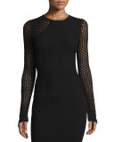 Long-Sleeve Netted Mesh Top, Black