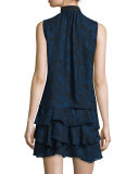 Sleeveless Printed Silk Tiered Mini Dress, Indigo