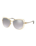 Wire-Rim Mirrored Cat-Eye Sunglasses, Gold/Silver
