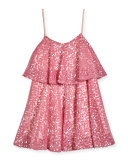 Sleeveless Sequined Floral Popover Tank Dress, Pink, Size 8-16