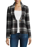 Peak-Lapel Plaid Blazer with Leather Trim