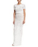 Short-Sleeve Round-Neck Crochet Gown, Ivory