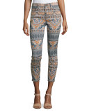 Moroccan-Print Skinny Cropped Jeans, Orange/Multi