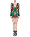 Embellished Baroque-Print Mini Dress, Multi Colors