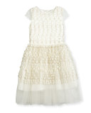 Cap-Sleeve Embroidered Tulle Party Dress, White, Size 6