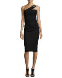 One-Shoulder Grommet Sheath Dress, Black