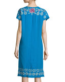 Tara Short-Sleeve Linen Embroidered Dress, Plus Size 