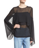 Tiered Ruffle Silk Chiffon Bell-Sleeve Top, Black