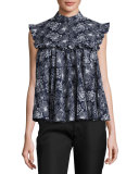 Floral Ruffled Sleeveless Blouse, Navy