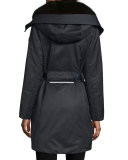 Hooded Belted Fur-Trim Parka, Navy