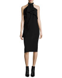 Sleeveless Drape-Neck Halter Dress, Black