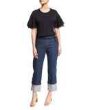 Cuffed Raw-Edge Stretch Jeans, Dark Navy