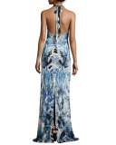 Phoenix-Print Sleeveless Halter Gown, Blue