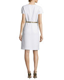 Belted A-Line Zip-Front Dress, White