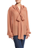 Long-Sleeve Oversized Ruffle-Trim Top, Dusty Pink