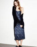 Calico Floral Silk Satin Midi-Length Slip Dress, Navy