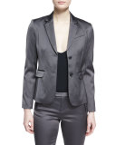 Stretch Satin Two-Button Blazer, Dark Gray