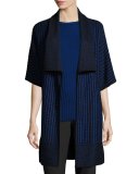 Inlay Knit Shawl-Collar Half-Sleeve Cardigan, Azzurine/Caviar