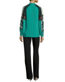 Raine V-Neck Silk Blouse w/ Lacy Printed Sleeves, Jade Multi