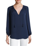 Odelette Split-Neck Silk Top, Blue