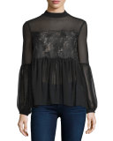 Sundream Long-Sleeve Lace-Inset Blouse, Black
