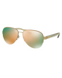 Mirrored Iridescent Aviator Sunglasses, Gold/Green
