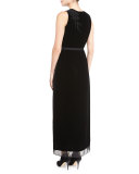 Talvia Sleeveless Floral-Embroidered Velvet Maxi Dress
