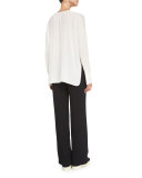 Keyhole-Front Long-Sleeve Silk Blouse