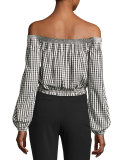 Gingham Off-the-Shoulder Pintuck Top, Black/White