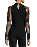 Embroidered Illusion-Sleeve Top, Black/Red/Silver