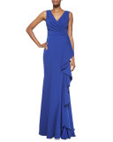 Faux-Wrap Ruffle-Front Gown, Electric Blue