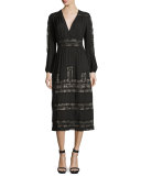 Long-Sleeve Vintage-Inspired Silk Midi Dress, Black