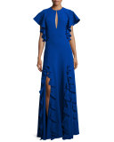 Keyhole Gown W/Ruffle Trim, Royal Blue