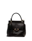 Lizard-Embossed Small Top-Handle Flap Bag, Black