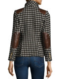 Check One-Button Blazer with Leather Trim