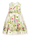 Sleeveless Collared Botanical Flora Mikado Dress, Multicolor, Size 4-8