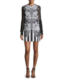 Printed Dress W/Sheer Sleeves, Black/White