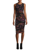 Sleeveless Paisley-Print Ruched Sheath Dress, Gardenia