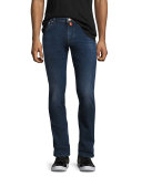 Dark-Wash Slim-Straight Jeans with Orange Stitching, Blue