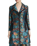 Floral Brocade A-Line Coat, Blue/Black/Turquoise