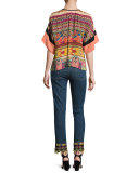 Tassel-Trim Half-Sleeve Peasant Top, Black/Salmon/Magenta
